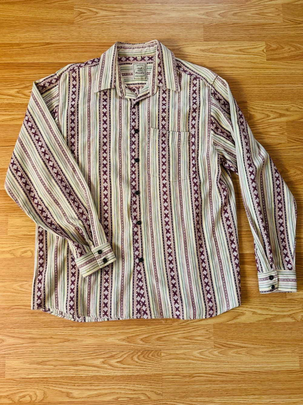 Vintage Wah Maker Frontier Mens Patterned Striped Cotton Western Shirt USA Sz L